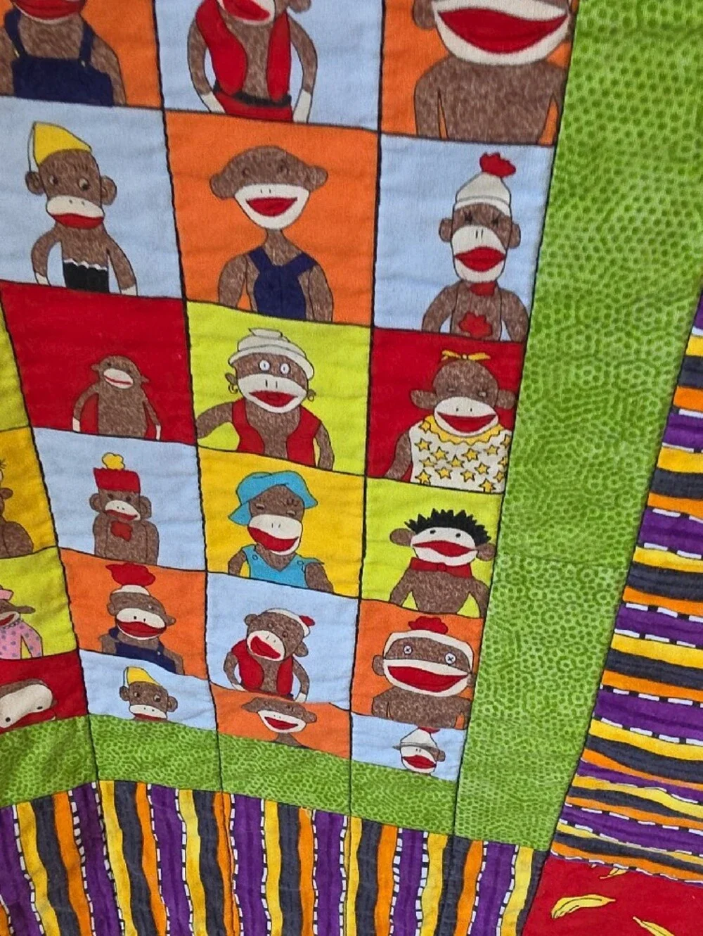Kids Colorful Patchwork Quilt Blanket w/Sock Monkey & Banana Motif 🐒🍌♥️